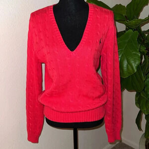 Ralph Lauren Women’s Strawberry Red V-Neck 100% Cotton Cable Knit Sweater XL